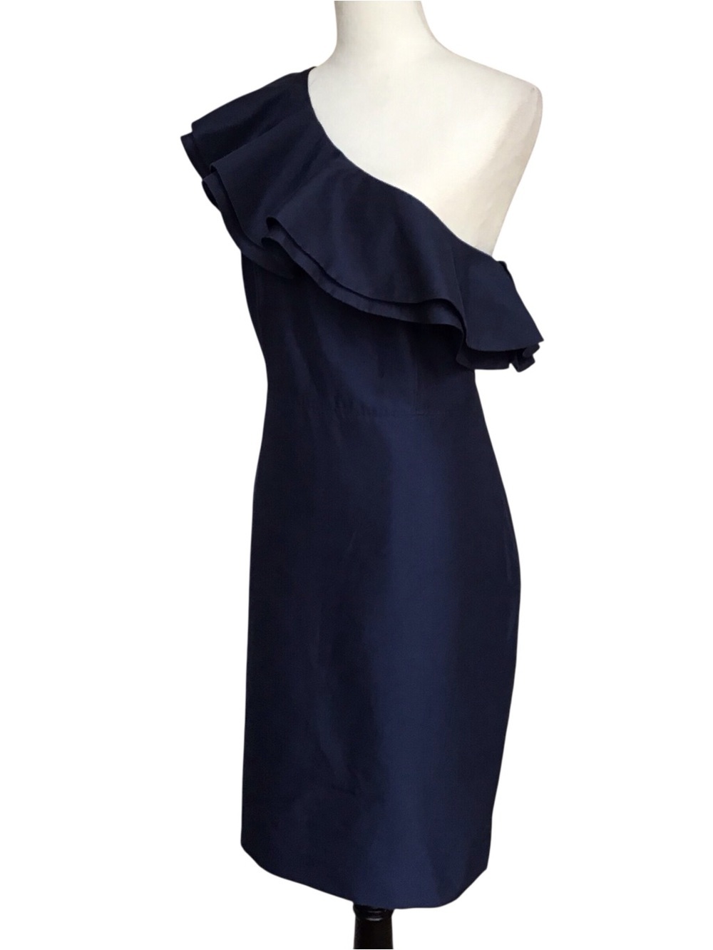 J Crew Navy Blue Silk Blend One Shoulder Ruffle Dress NEW - Picture 3 of 5